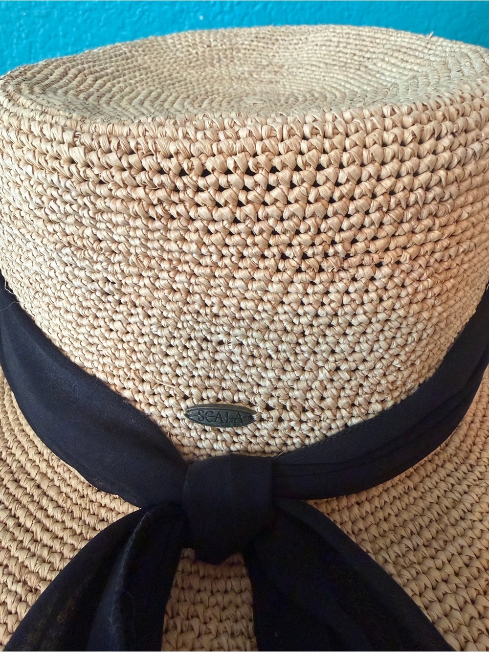 Scala Wide-Brim Straw Sun Hat with Black Scarf Accent - Picture 7 of 11